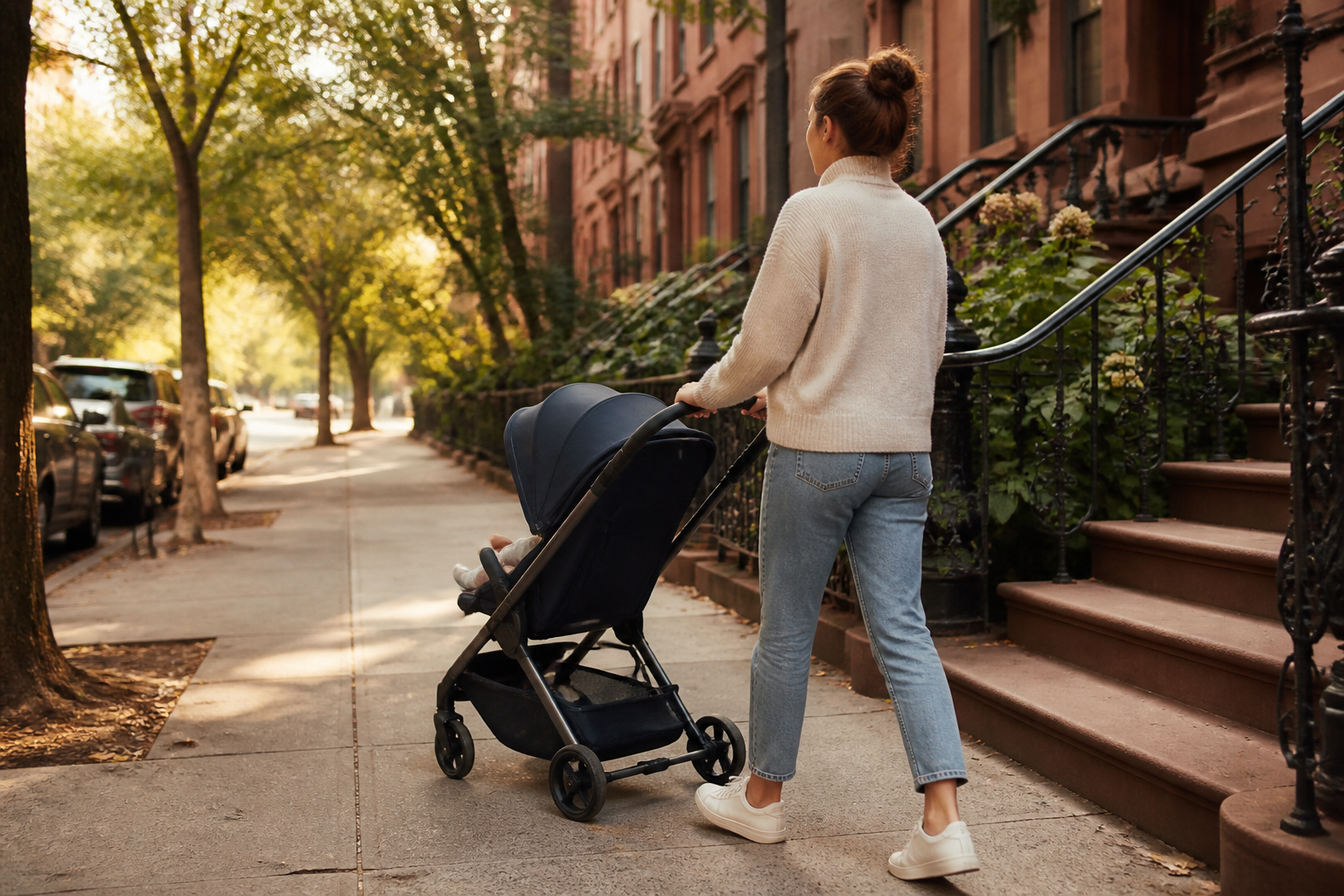 Parent walking with a compact stroller in the city