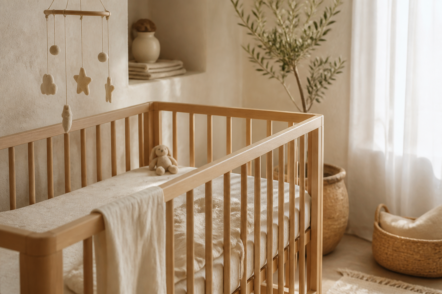 Calm minimalist nursery with crib and natural light