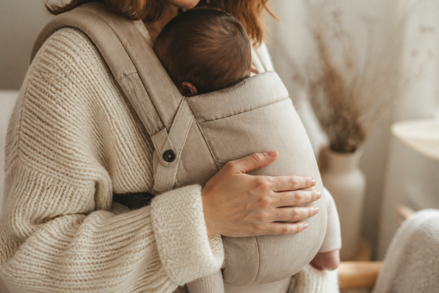 Parent babywearing a newborn in a soft carrier