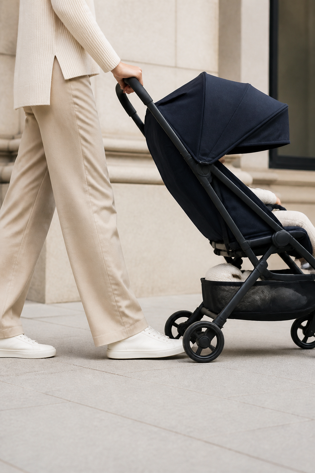 Parent walking with a compact stroller in the city