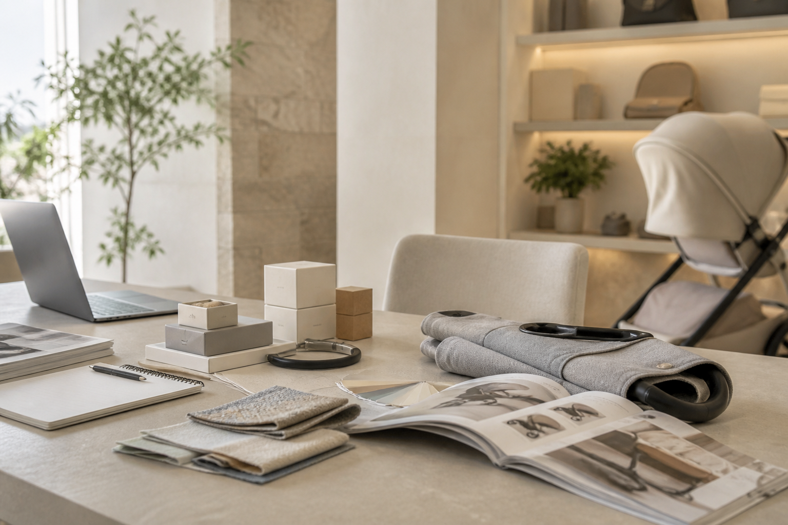 Buyer reviewing baby product samples and catalog on a warm studio desk